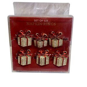 Bedazzled Gift Box Napkin Rings With Red & Gold Bow Design